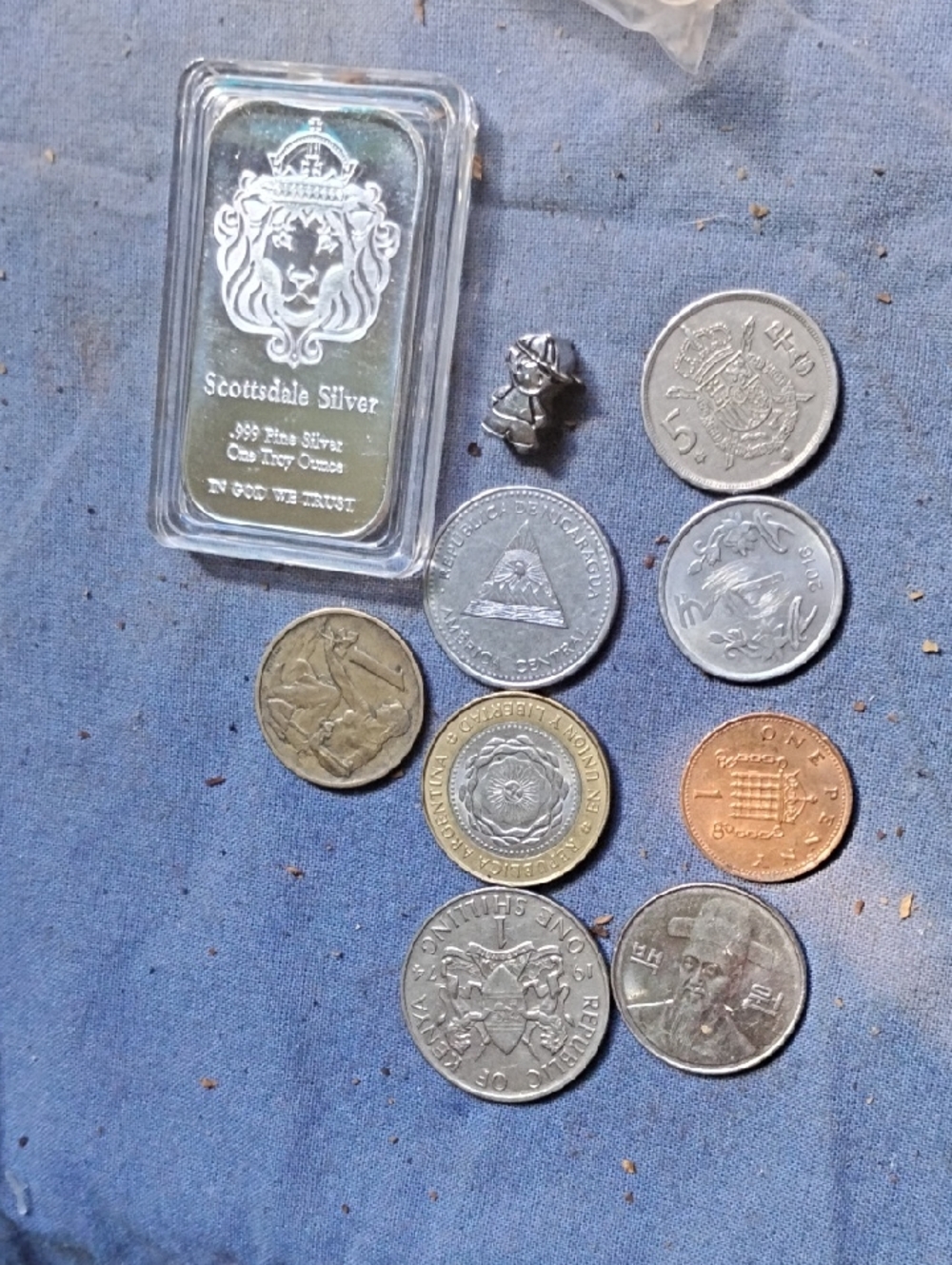 Scottsdale SilverBillion1 Troy Ounce Bar - Silver Tone& World Coin Lot